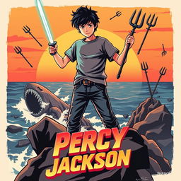 A retro cinematic poster for a movie adaptation of 'Percy Jackson', featuring a nostalgic design reminiscent of 1980s adventure films