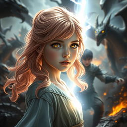 An 18-year-old girl with enchanting strawberry blonde hair and radiant gold eyes, emitting a stream of silver light, stands at the heart of a chaotic battlefield