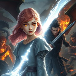 An 18-year-old girl with enchanting strawberry blonde hair and radiant gold eyes, emitting a stream of silver light, stands at the heart of a chaotic battlefield