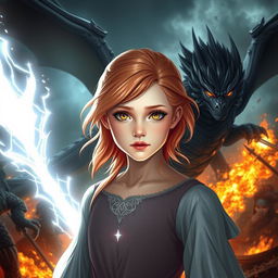 An 18-year-old girl with enchanting strawberry blonde hair and radiant gold eyes, emitting a stream of silver light, stands at the heart of a chaotic battlefield