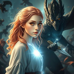 An 18-year-old girl with enchanting strawberry blonde hair and radiant gold eyes, emitting a stream of silver light, stands at the heart of a chaotic battlefield