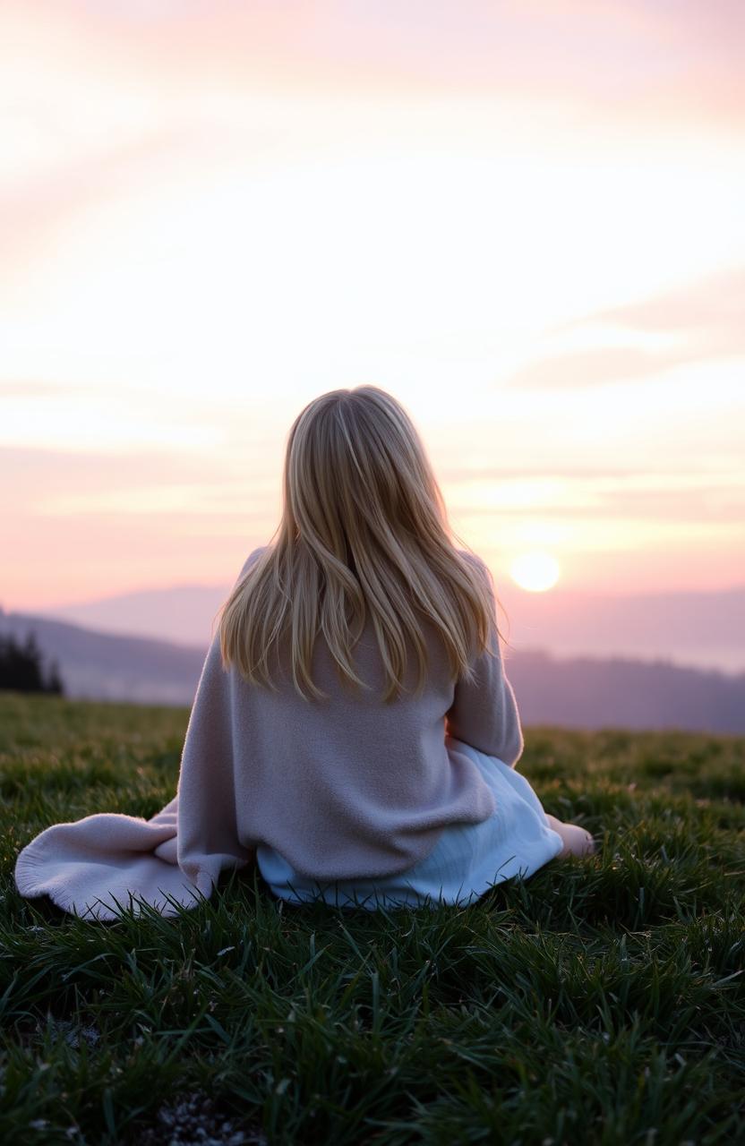 A serene scene of a blonde girl watching the sunrise, sitting on a grassy hill while wrapped in a cozy blanket