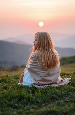 A serene scene of a blonde girl watching the sunrise, sitting on a grassy hill while wrapped in a cozy blanket