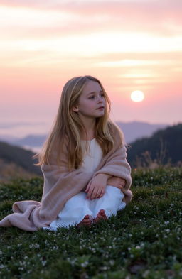 A serene scene of a blonde girl watching the sunrise, sitting on a grassy hill while wrapped in a cozy blanket