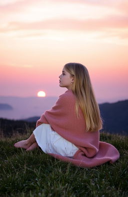 A serene scene of a blonde girl watching the sunrise, sitting on a grassy hill while wrapped in a cozy blanket