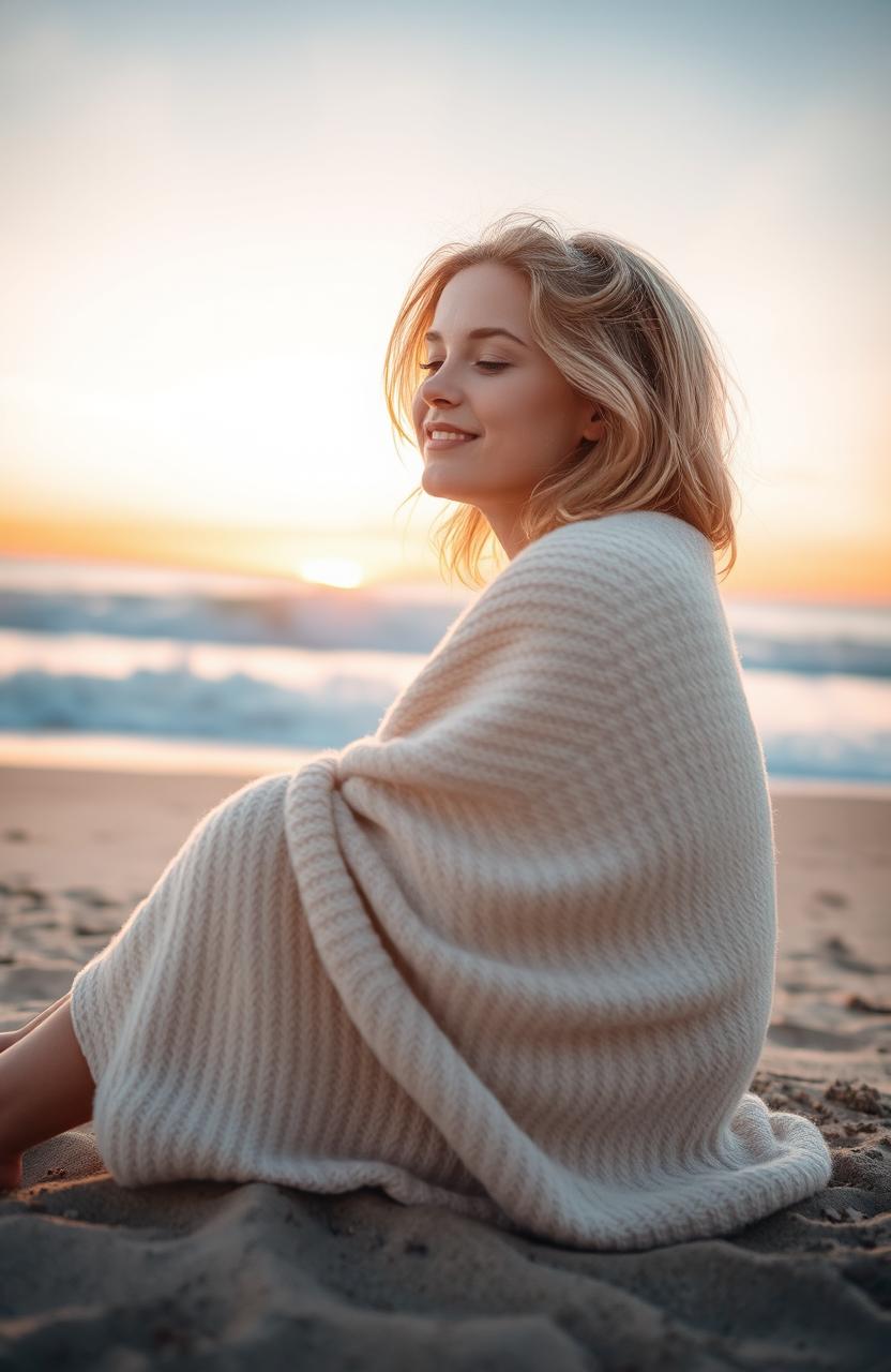 A beautiful blonde girl sitting on a sandy beach, wrapped snugly in a cozy blanket