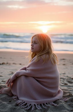 A beautiful blonde girl sitting on a sandy beach, wrapped snugly in a cozy blanket