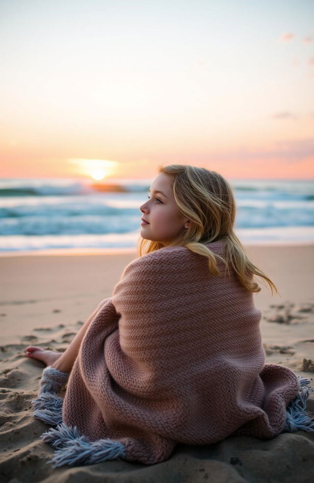 A beautiful blonde girl sitting on a sandy beach, wrapped snugly in a cozy blanket