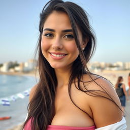 A beautiful Israeli woman with large breasts, exuding a simple yet captivating charm