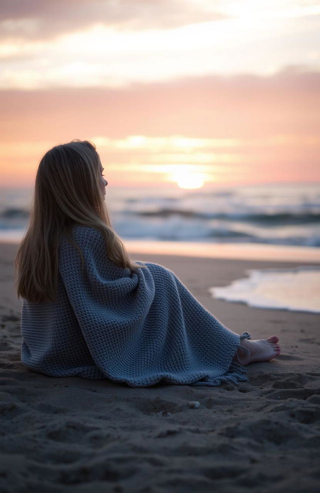 A beautiful blonde girl sitting on a sandy beach, gazing out at a stunning sunrise that paints the sky with warm oranges and soft pinks