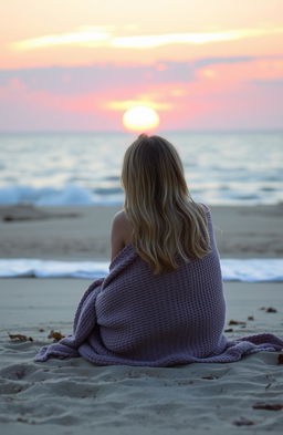 A beautiful blonde girl sitting on a sandy beach, gazing out at a stunning sunrise that paints the sky with warm oranges and soft pinks