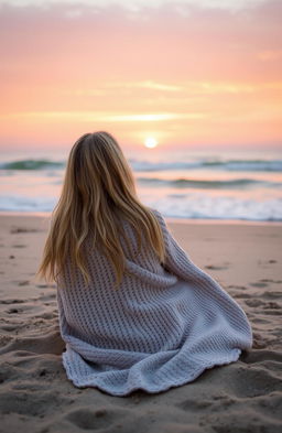A beautiful blonde girl sitting on a sandy beach, gazing out at a stunning sunrise that paints the sky with warm oranges and soft pinks