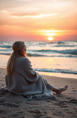 A beautiful blonde girl sitting on a sandy beach, gazing out at a stunning sunrise that paints the sky with warm oranges and soft pinks