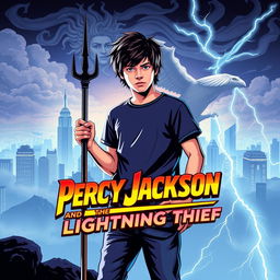 A retro-style poster for 'Percy Jackson and the Lightning Thief', designed with a nostalgic 1980s aesthetic