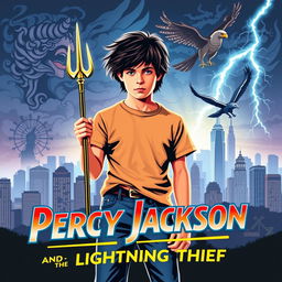 A retro-style poster for 'Percy Jackson and the Lightning Thief', designed with a nostalgic 1980s aesthetic