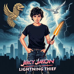 A retro-style poster for 'Percy Jackson and the Lightning Thief', designed with a nostalgic 1980s aesthetic