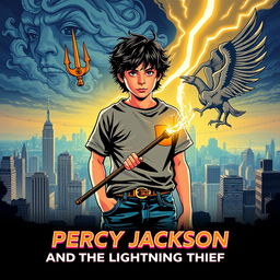 A retro-style poster for 'Percy Jackson and the Lightning Thief', designed with a nostalgic 1980s aesthetic