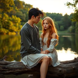 An 18-year-old girl with lovely strawberry blonde hair and warm brown eyes sits peacefully on a weathered log beside a serene lake
