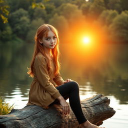 An 18-year-old girl with lovely strawberry blonde hair and warm brown eyes sits peacefully on a weathered log beside a serene lake