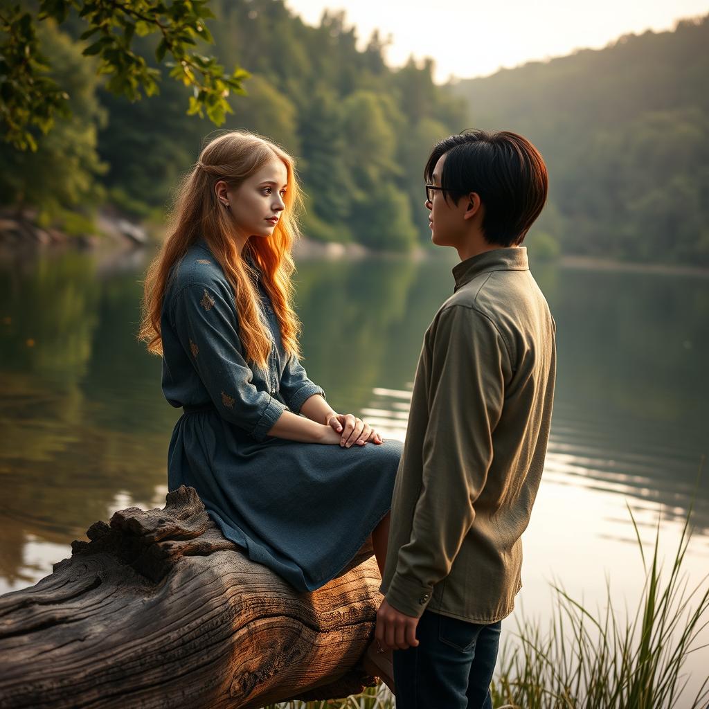 An 18-year-old girl with lovely strawberry blonde hair and warm brown eyes sits peacefully on a weathered log beside a serene lake