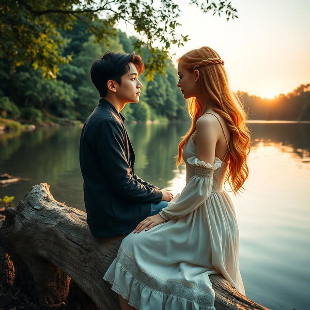 An 18-year-old girl with lovely strawberry blonde hair and warm brown eyes sits peacefully on a weathered log beside a serene lake