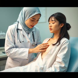 A very realistic and detailed scene featuring a beautiful Japanese female doctor and a beautiful Japanese female patient