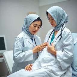 A very realistic and detailed scene featuring a beautiful Japanese female doctor and a beautiful Japanese female patient