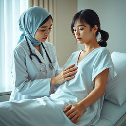 A very realistic and detailed scene featuring a beautiful Japanese female doctor and a beautiful Japanese female patient