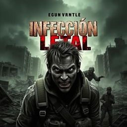 A highly realistic book cover for a zombie-themed novel titled 'Infección Letal'
