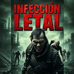 A highly realistic book cover for a zombie-themed novel titled 'Infección Letal'