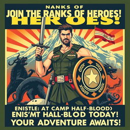 A bold and eye-catching propaganda poster for enlisting in the Army, infused with references to Camp Half-Blood from Greek mythology