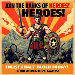 A bold and eye-catching propaganda poster for enlisting in the Army, infused with references to Camp Half-Blood from Greek mythology