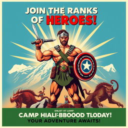 A bold and eye-catching propaganda poster for enlisting in the Army, infused with references to Camp Half-Blood from Greek mythology