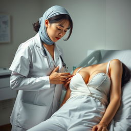 A masterpiece scene capturing a very realistic and detailed moment between a beautiful Japanese female doctor and a beautiful Japanese female patient