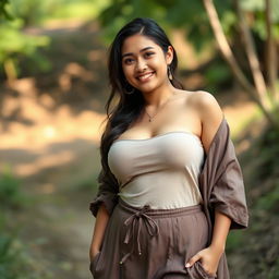 A beautiful Sundanese woman with a curvy figure and large breasts, exuding a seductive charm while dressed in simple and relaxed clothing