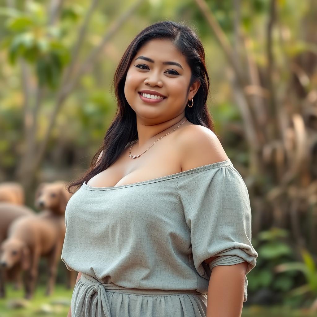 A beautiful Sundanese woman with a curvy figure and large breasts, exuding a seductive charm while dressed in simple and relaxed clothing