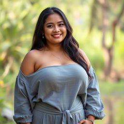A beautiful Sundanese woman with a curvy figure and large breasts, exuding a seductive charm while dressed in simple and relaxed clothing