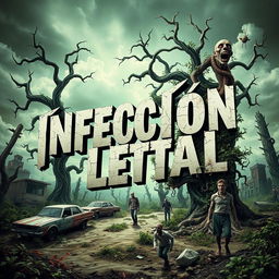 A visually striking and surrealistic book cover for a zombie-themed novel titled 'Infección Letal'