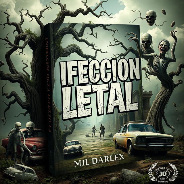 A visually striking and surrealistic book cover for a zombie-themed novel titled 'Infección Letal'