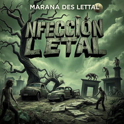 A visually striking and surrealistic book cover for a zombie-themed novel titled 'Infección Letal'