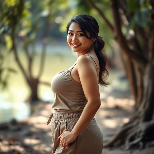 A beautiful Sundanese woman with a curvy yet slim figure and large breasts, exuding a seductive charm while dressed in simple and relaxed clothing