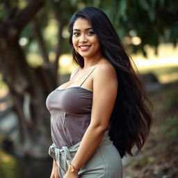 A beautiful Sundanese woman with a curvy yet slim figure and large breasts, exuding a seductive charm while dressed in simple and relaxed clothing