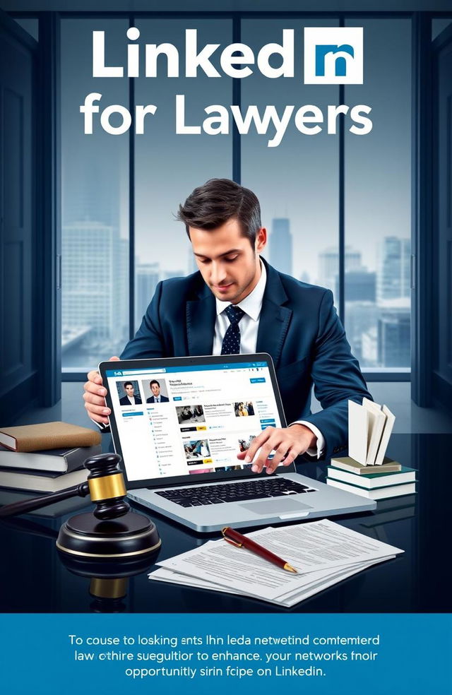 A professional yet visually engaging graphic representing the concept of LinkedIn for lawyers