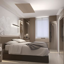 3D view of a stylish and modern bedroom interior designed for a room measuring 10ft x 10ft, incorporating comfortable furniture, intriguing color scheme and efficient use of space.