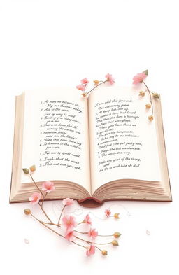 A minimalistic and pretty visual representation of poetry, featuring delicate illustrations of an open book with flowing, elegant script