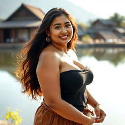 A beautiful Lampung woman with a curvy figure and large breasts, showcasing a seductive allure while wearing simple and relaxed attire
