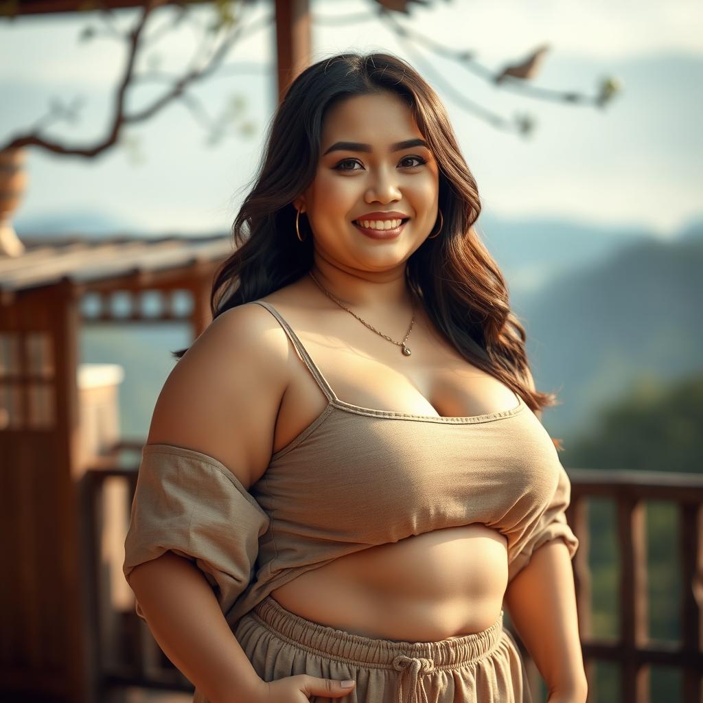 A beautiful Lampung woman with a curvy figure and large breasts, showcasing a seductive allure while wearing simple and relaxed attire