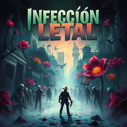 A captivating and surrealistic book cover for a zombie-themed novel titled 'Infección Letal', created by a talented writer