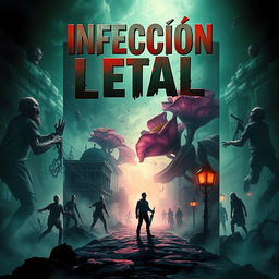 A captivating and surrealistic book cover for a zombie-themed novel titled 'Infección Letal', created by a talented writer
