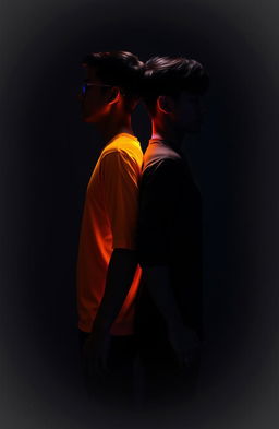 Two people standing back to back, one side illuminated and bright, representing a warm and vibrant atmosphere, while the male figure is set against a dark and cool background